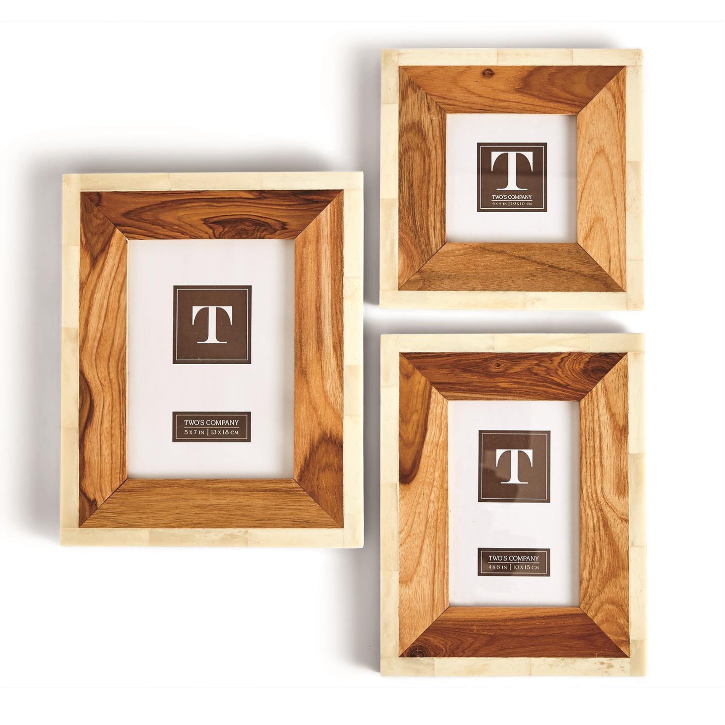 Set of three wood & bone photo frames with polished borders and light edges. Available in vertical and horizontal sizes.
