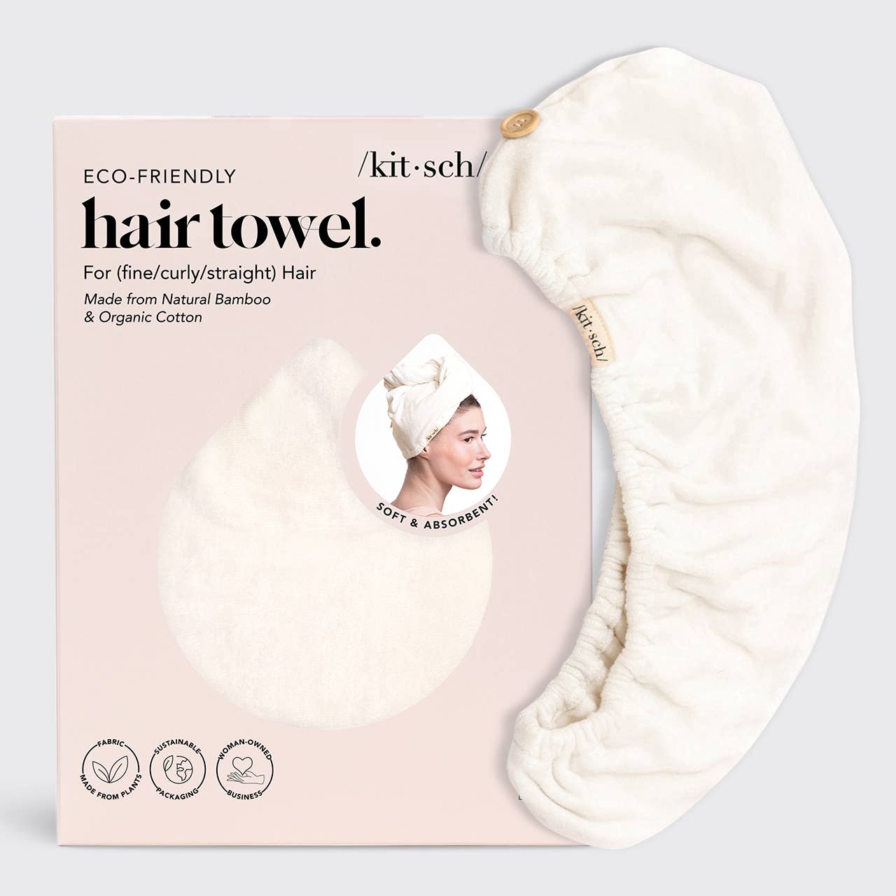 The Quick Dry Hair Towel - Ivory, eco-friendly cotton and bamboo; available in small and large; shown beside its packaging.