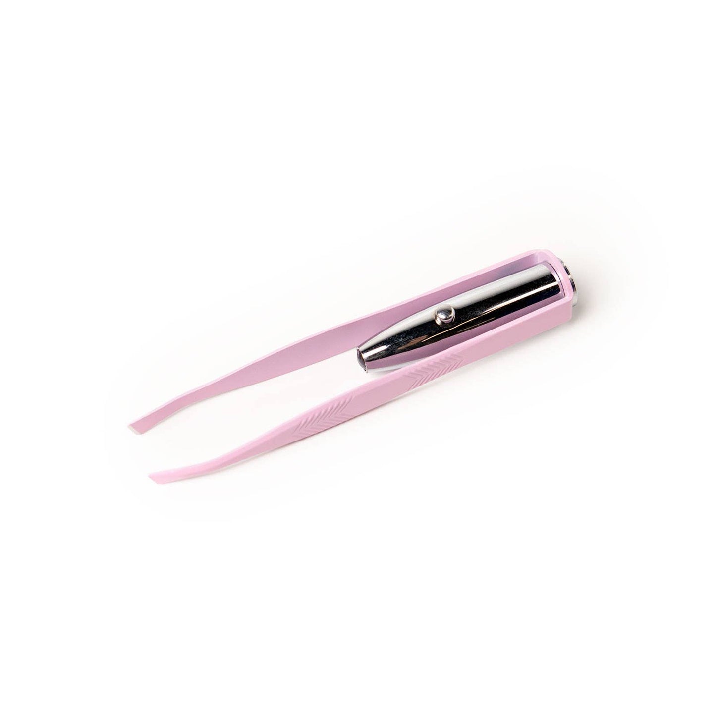 Light pink LED tweezers with built-in silver spotlight for precise eyebrow grooming; available in one standard size.