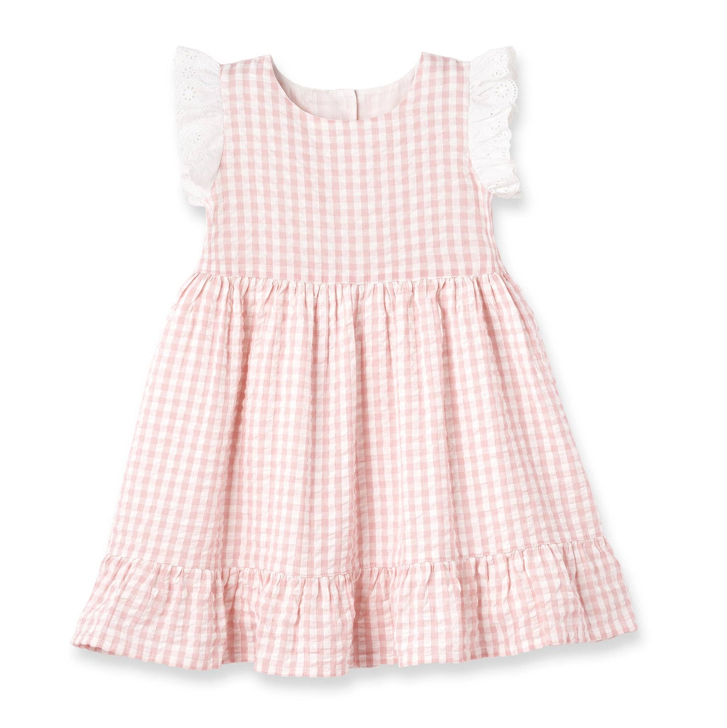Pink gingham eyelet flutter sleeve cotton dress with white checks. Available in sizes XS-XL. Soft, comfortable, stylish.