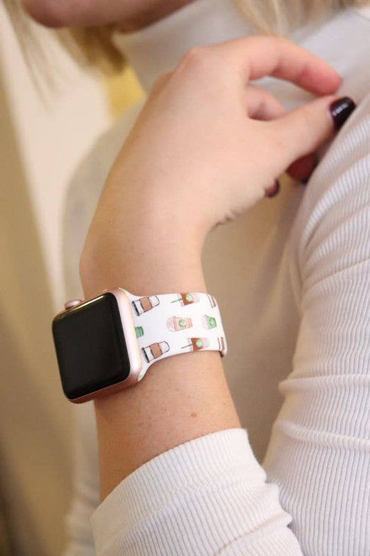 Coffee Apple Watch Band, 42/44mm, soft silicone with coffee cup illustrations. Available in sizes 42mm and 44mm.