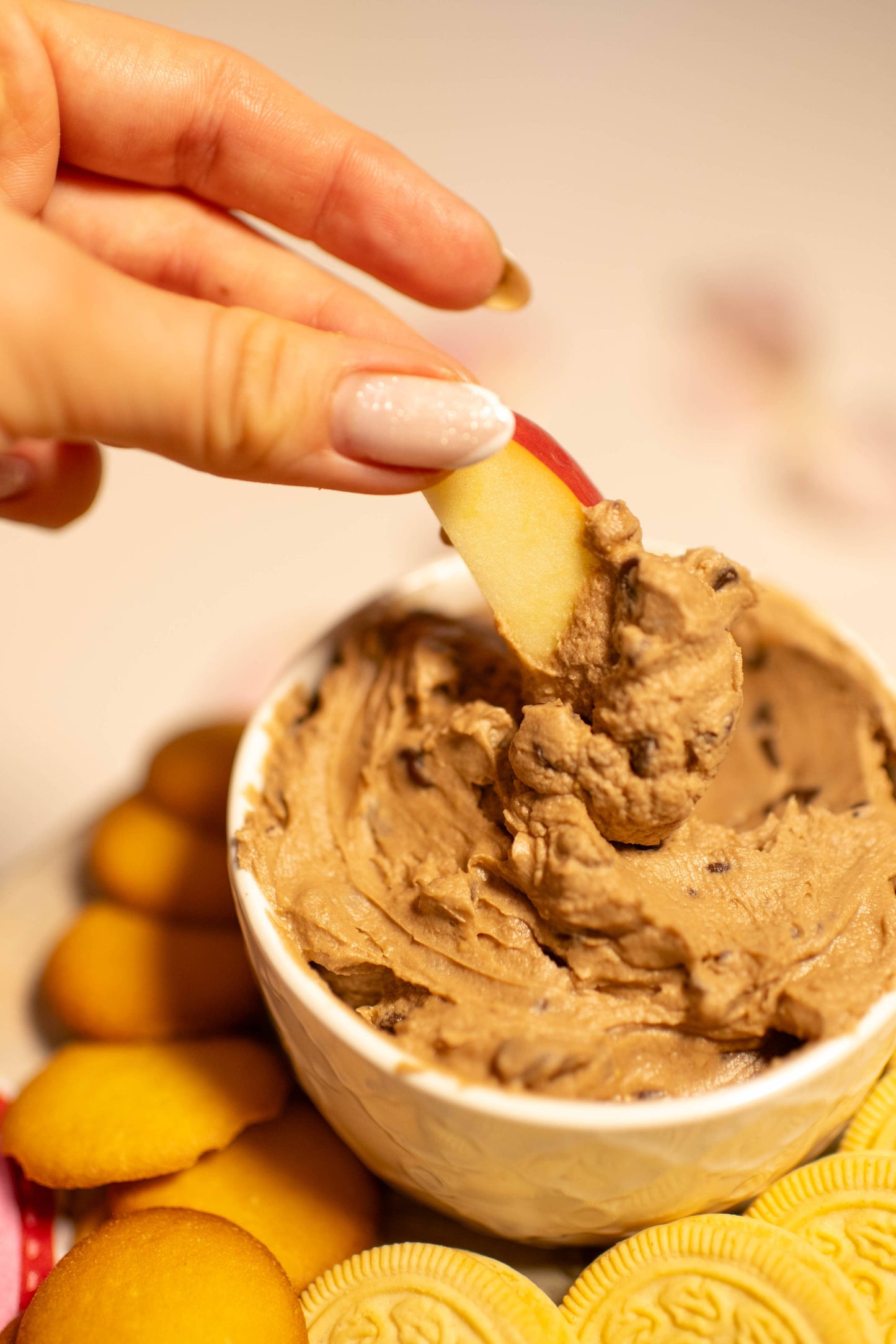Chocolate Chip Cookiedough Cheesecake Dip with chocolate chips; available in 8 oz and 16 oz sizes.