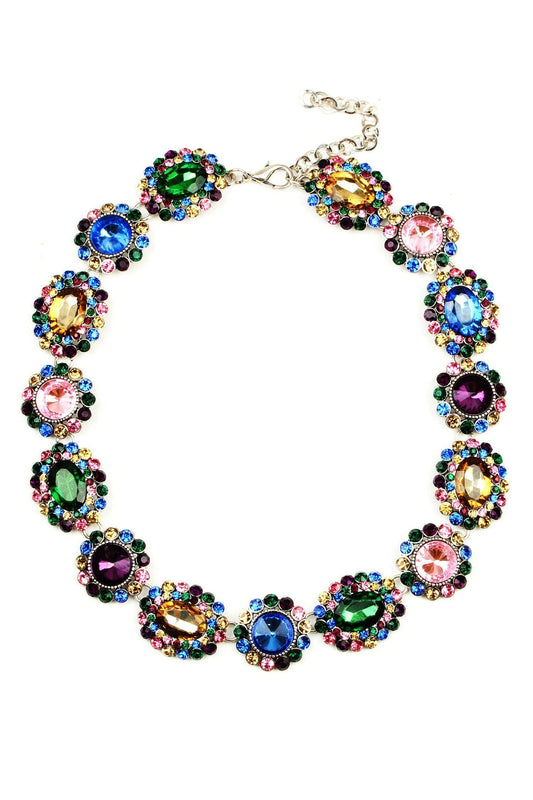 Oval blue, green, pink, purple, and gold glass crystals on silver chain with lobster clasp; sizes: 16", 18", 20".