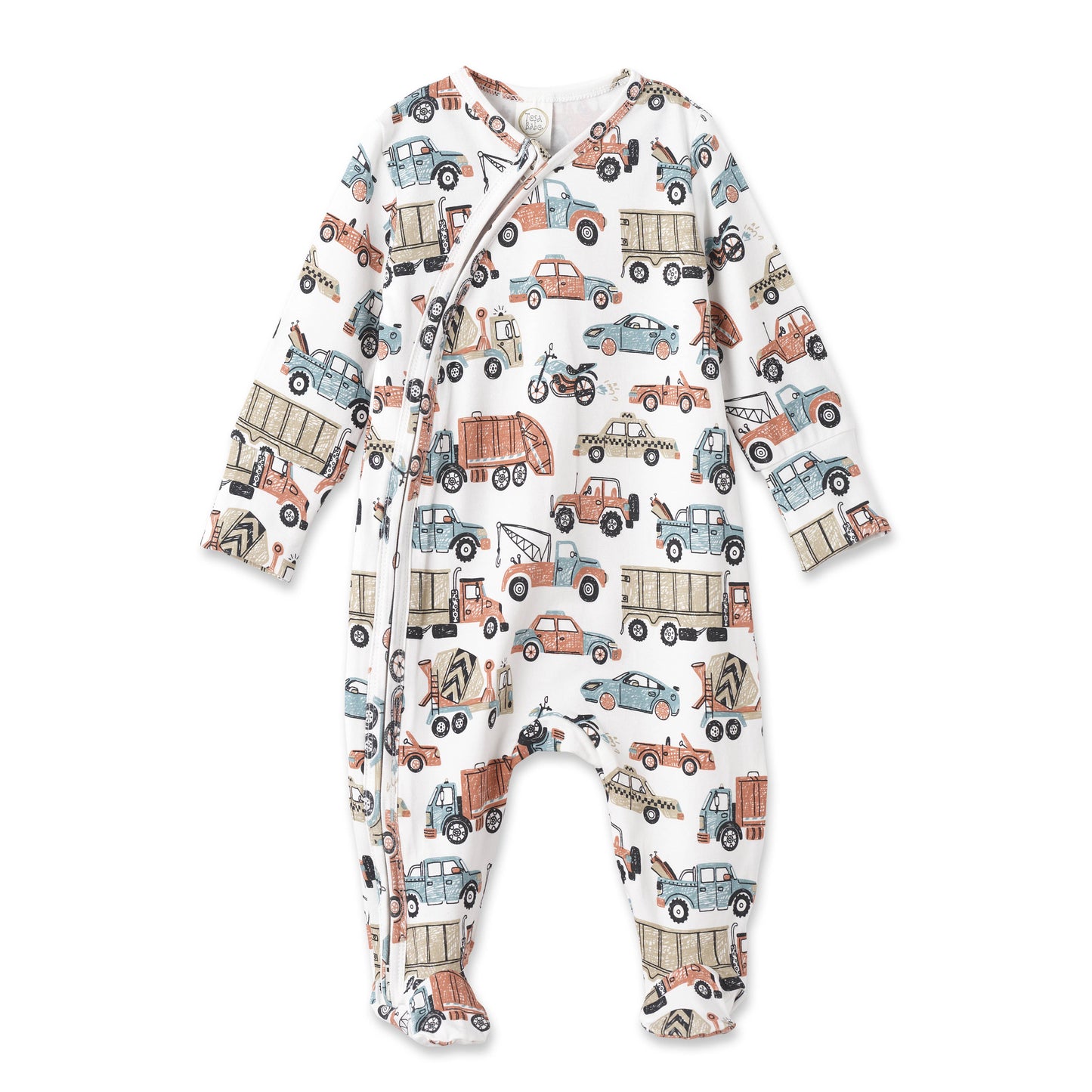 Let's Ride Bamboo Zipper Romper with truck, car, and motorcycle print. Long sleeves/legs. Hypoallergenic. Sizes: NB-24M.