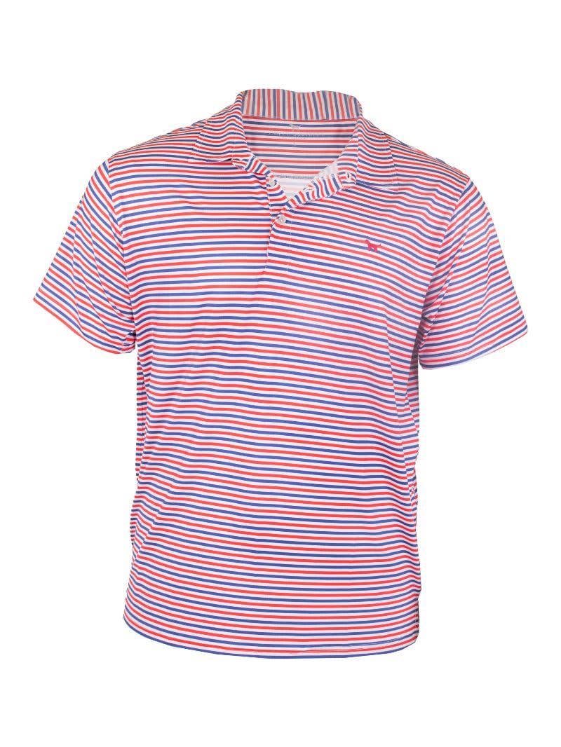 Men's red and blue striped collared polo with chest logo, button placket. Available in S-XXL.