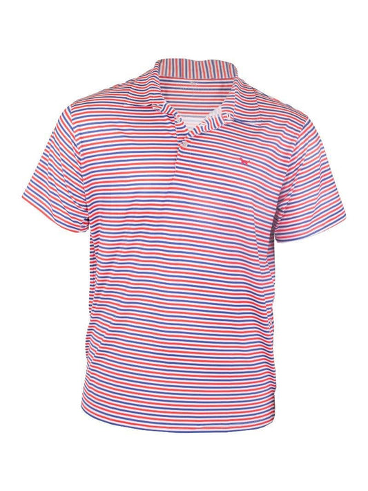 Men's red and blue striped collared polo with chest logo, button placket. Available in S-XXL.