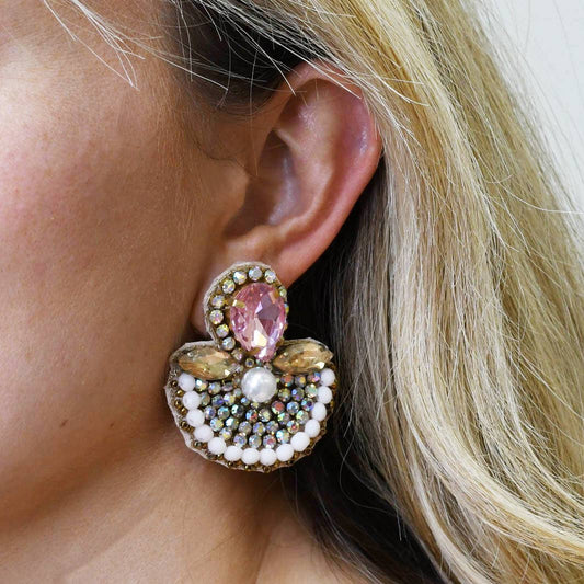 Glam Fan Earrings by Glam Jewels: gold accents, pink gemstone, white beads, rhinestones. Available in small, medium, large.
