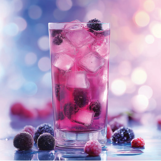 Tall glass of wild berry energy drink made with Sugar Free Wild Berry Energy Syrup, available in 375ml size, zero calories.