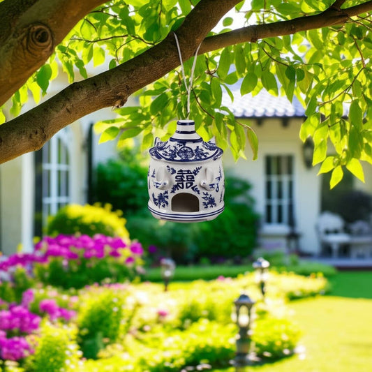 White/Blue Chinoiserie Large Pagoda Birdhouse, 8 in. available size, features pagoda design with chinoiserie pattern.