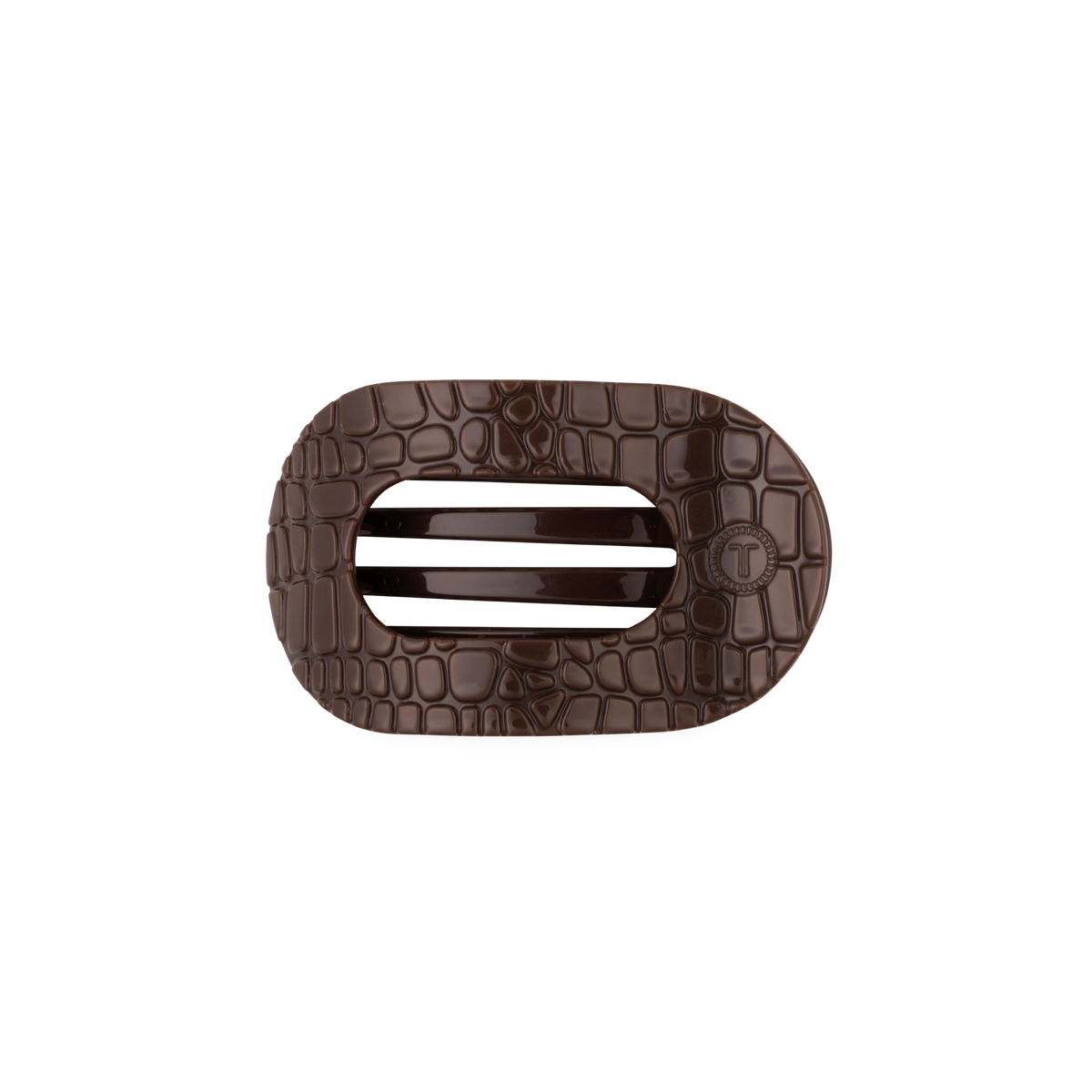 Brown Crocodile Small Flat Round Hair Clip with an oval shape, embossed crocodile pattern, and two horizontal cutouts; available in multiple sizes.