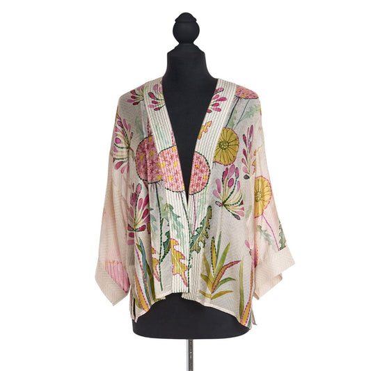 Light pink silk-like short kimono with wide sleeves and yellow-green floral print. Available in S, M, L.