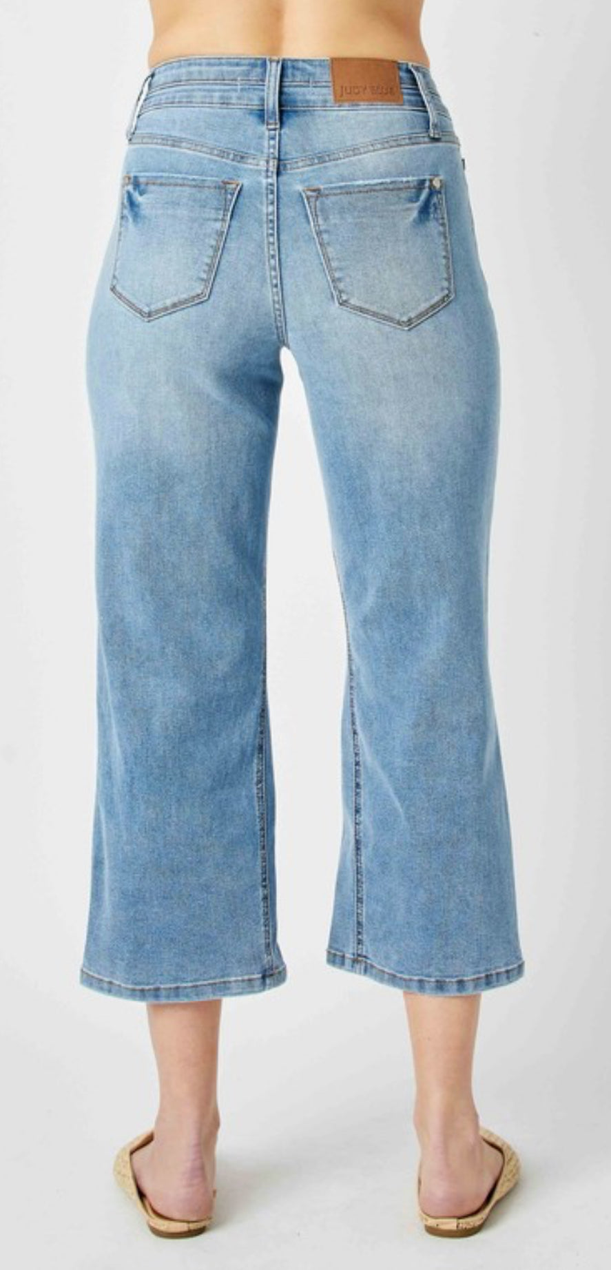 High Waisted Double WB Crop Wide Jeans in light blue. Available in sizes 24-32.