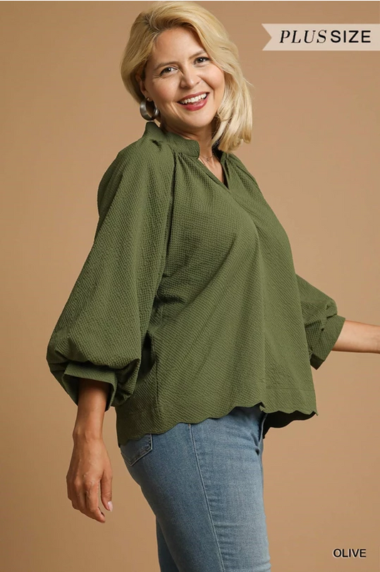Plus-size olive Textured Scalloped Hem Blouse with balloon sleeves. Available in sizes 1X-4X.