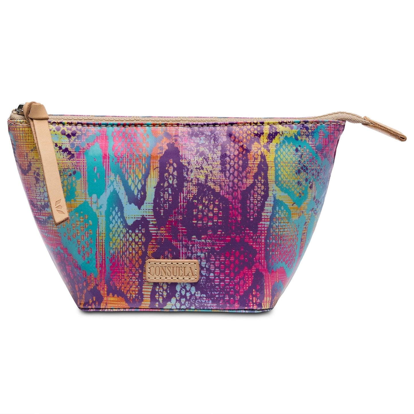 Vibrant cosmetic bag with multicolor snakeskin pattern, tan zipper, branded patch. Sizes: small, medium, large.
