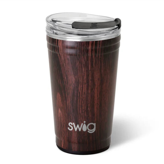 Bourbon Barrel Swig: A stylish tumbler with a bourbon barrel finish, featuring the word "swig" in white letters at the bottom. Available in sizes: 12 oz, 22 oz, and 32 oz.