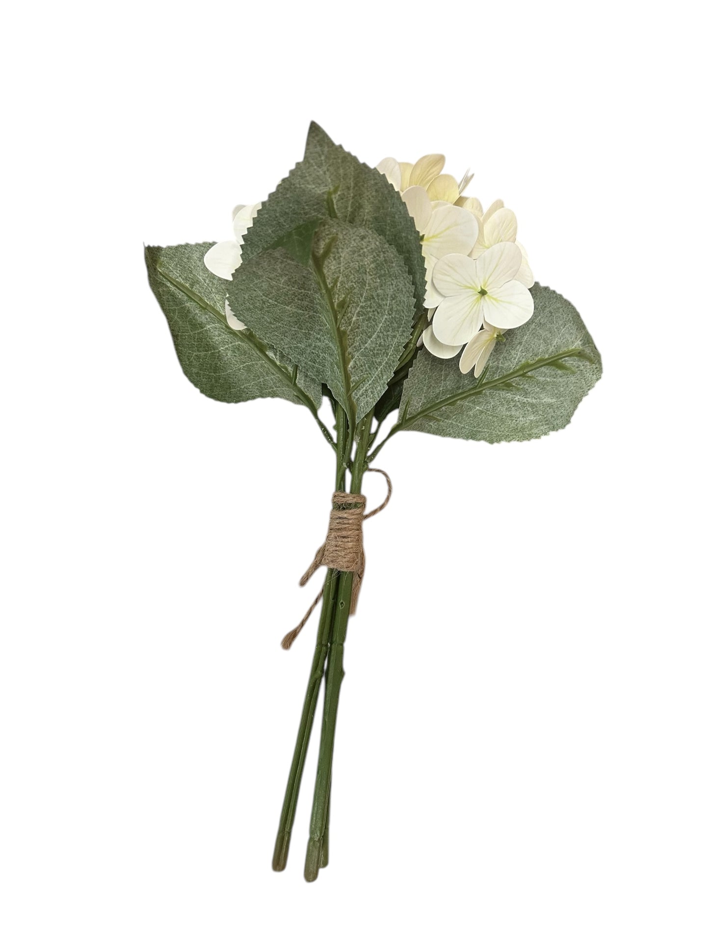 Hydrangea Bouquet: small white artificial flowers, green leaves, tied with twine. Sizes available: small, medium, large.