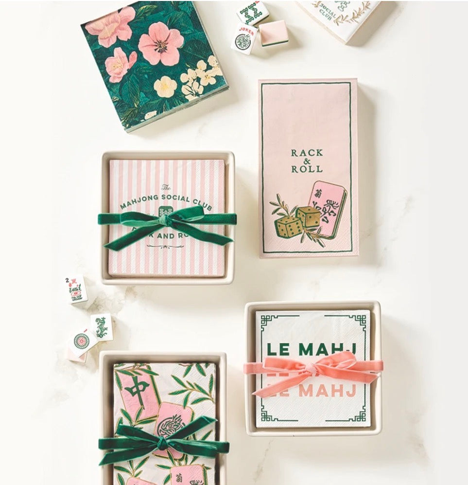 Decorative boxes with floral and stripe designs, wrapped in ribbons and Mahjong-themed labels. Available sizes: small, medium, large, extra-large.