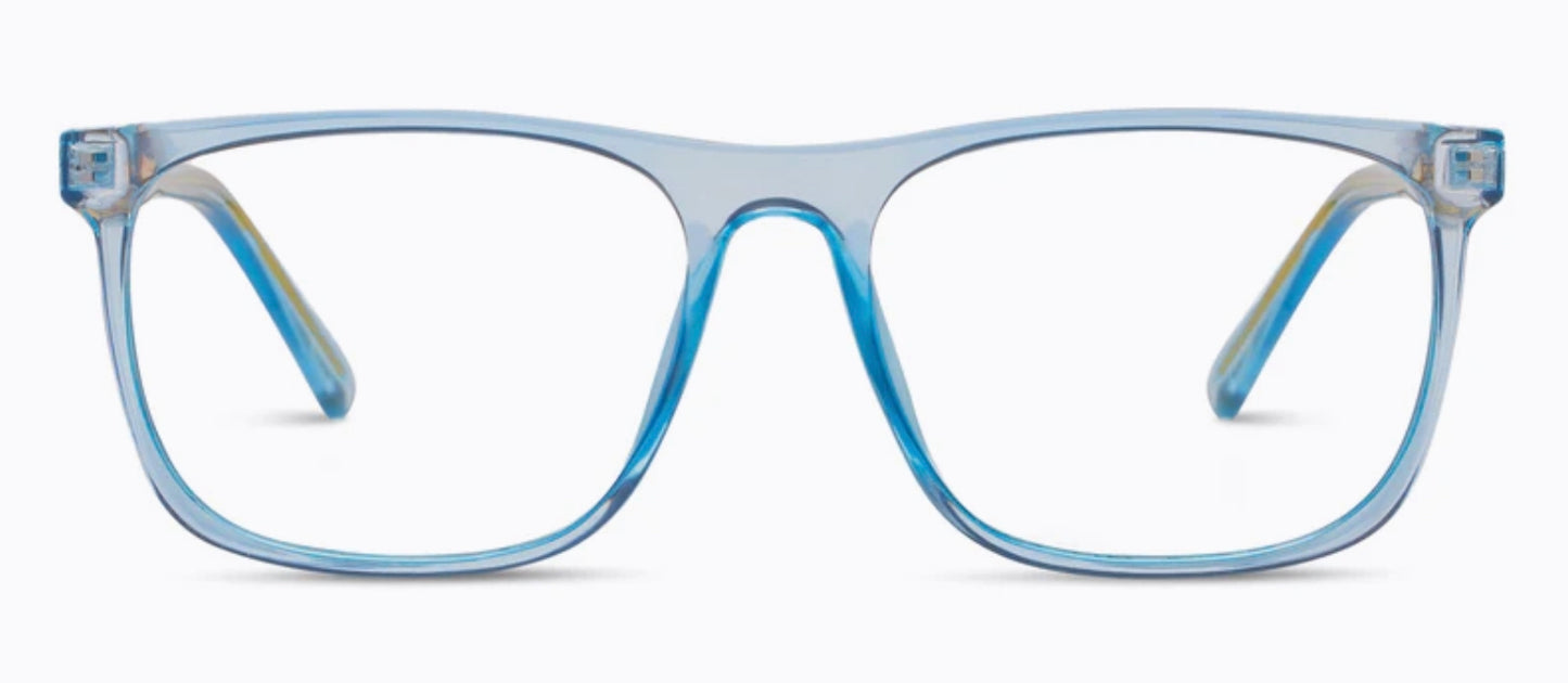Blue rectangular eyeglass frames with transparent, glossy finish and soft square shape. Available in multiple sizes.