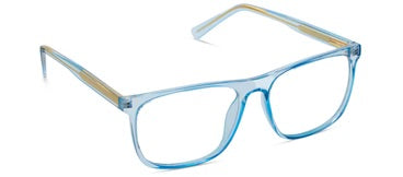 Peepers Latitude eyeglasses: large clear lenses, soft square light blue frames, wire core temples, light brown inner sides. Sizes: S/M/L.