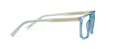 Transparent light blue soft square frames with beige wire core temples. Available sizes: Small, Medium, Large.
