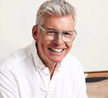 Blue-framed Peepers Latitude glasses with soft square frame, wire core temple; available in multiple sizes.