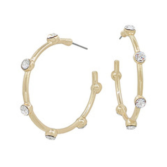 Gold bamboo-inspired hoop earrings with round clear gemstones, textured finish, post backs. Sizes available: 1" and 2".