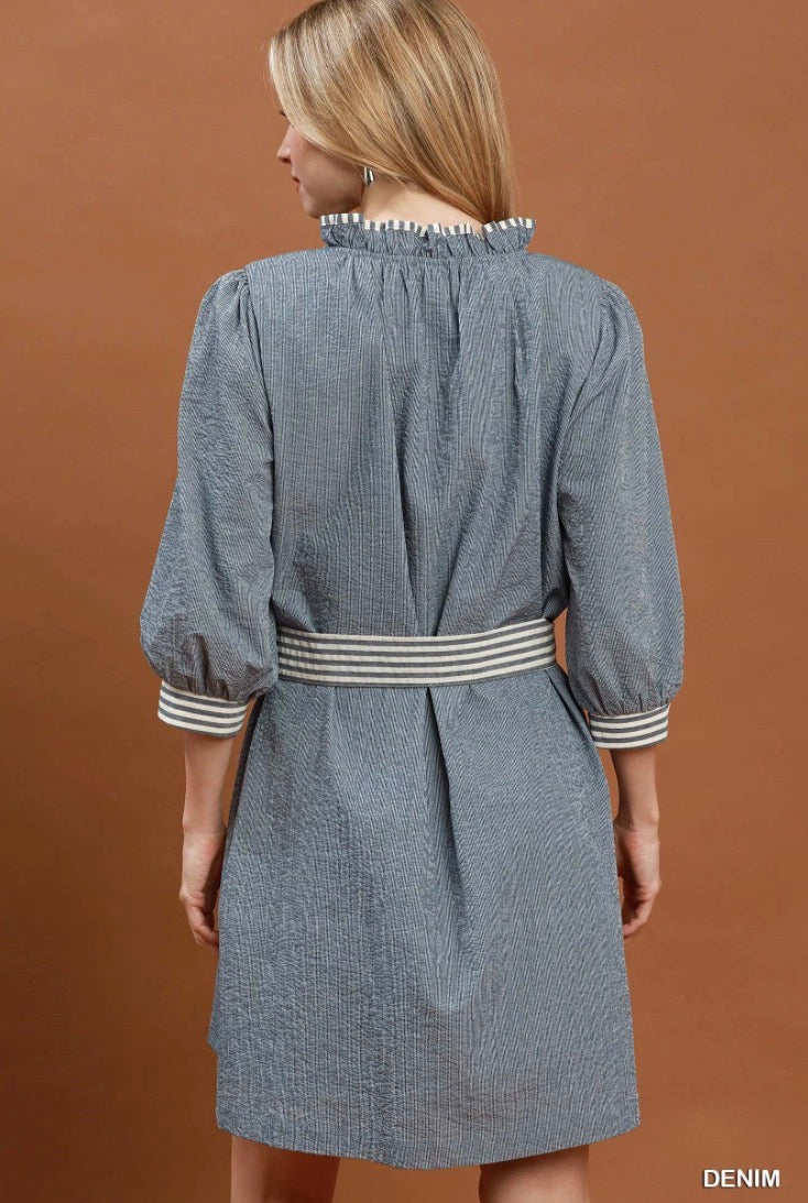 Contrast Tie Waist Mini Dress with puffed sleeves, ruffled collar, and blue-and-white striped contrast on an A-line silhouette; available in sizes XS to XL.