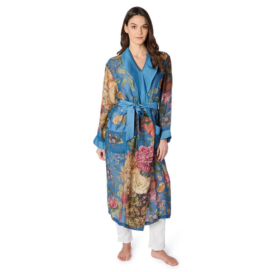Primula Print Teal Robe: sustainable, teal with colorful floral patterns, shawl collar. Available in sizes S-XL.