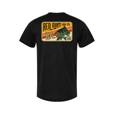 Bass Lightning T-Shirt with fish graphic, "Red Dirt Hat Co." text, RH initials; sizes S-XXL; colors: orange, cream, brown.