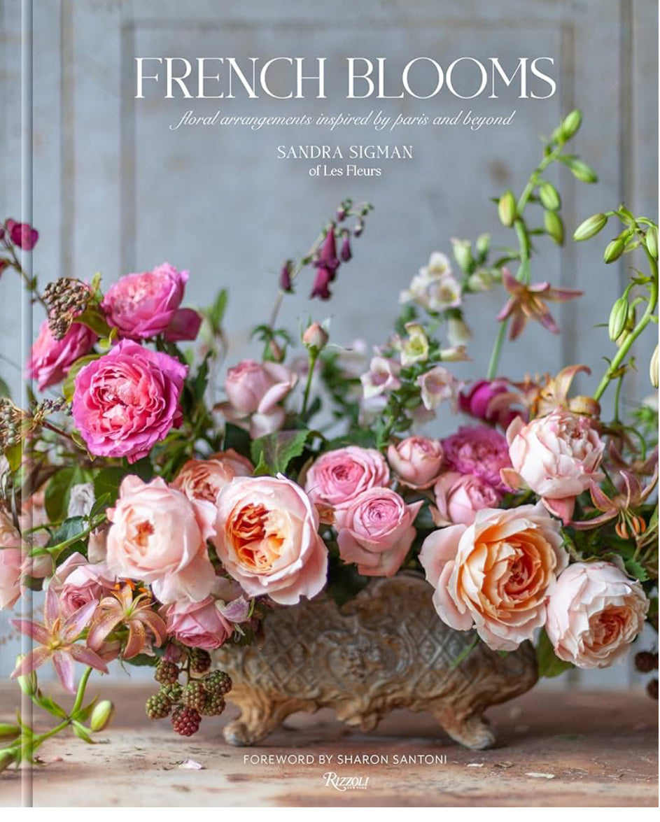 French Blooms Book cover with Parisian floral arrangement of pink, peach, and blush roses. Available in standard hardcover size.