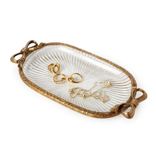 Antique gold finish glass vanity tray with ornate edges, bow handles; available in 8x12 in and 10x16 in sizes.