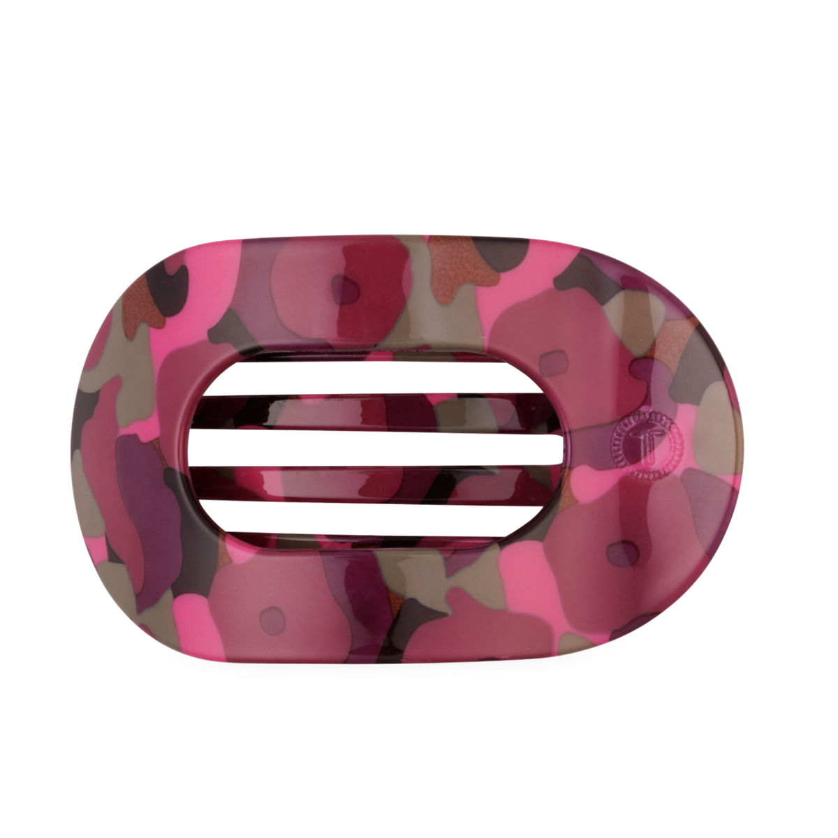 Garden Glam Large Flat Round Hair Clip with a rectangular shape, rounded edges, and three horizontal bars in pink, purple, and brown camouflage; available in large size.