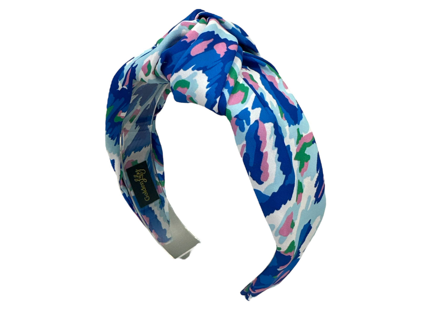 Blue Spring Floral Headband with twisted knot, blue, white, green, pink pattern. Available in S/M and M/L sizes.