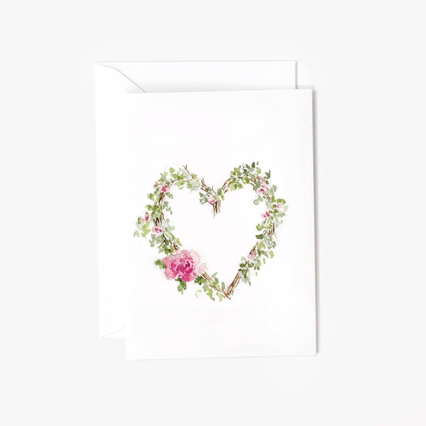 Heart Wreath Mini Notecard with watercolor heart of green leaves, pink flowers, and a large pink flower. Sizes: mini only.