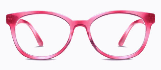 Peepers - Virginia eyeglasses: round, transparent pink frames, clear lenses, faceted temples. Available in standard sizes.