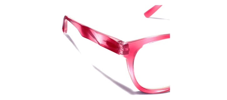 Peepers Virginia pink transparent eyeglasses with faceted temples. Available in narrow, medium, and wide sizes.