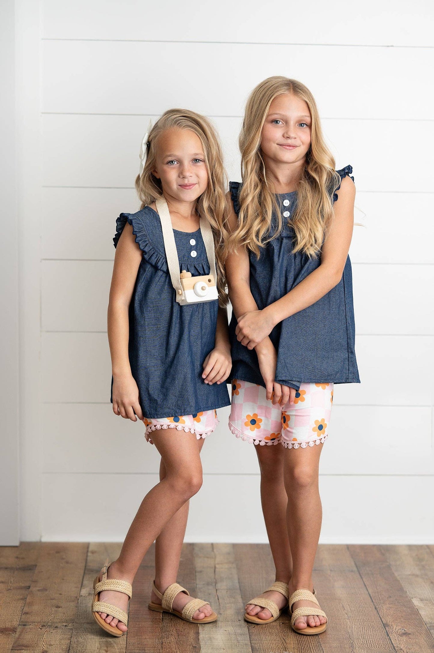 Girls Dark Jean & Retro Flower Check Wave Short Set; available in sizes 4-12.