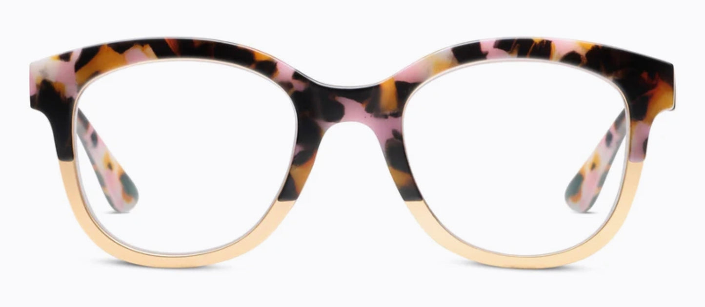 The Peepers - Georgia eyeglasses offer soft square frames in a pink, black, and brown tortoiseshell pattern with metallic details and a lighter translucent finish at the bottom. Available in sizes: Small, Medium, Large.