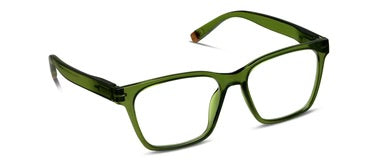 Peepers Wilder eyeglasses with large rectangular green frames, clear lenses, blue light filter. Available sizes: small, medium.