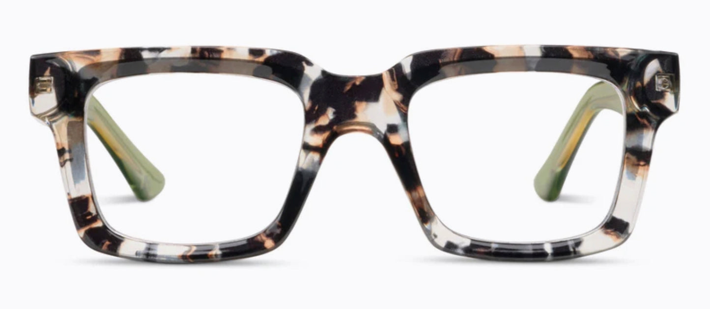 Chunky rectangular eyeglasses, Sand Quartz/Green frames, tortoiseshell temples, green inner arms. Sizes: Narrow, Medium.
