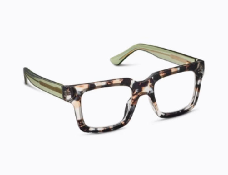 Rectangular eyeglasses with chunky Sand Quartz/Green tortoiseshell frames, translucent green wire core temples. Sizes: S, M, L.