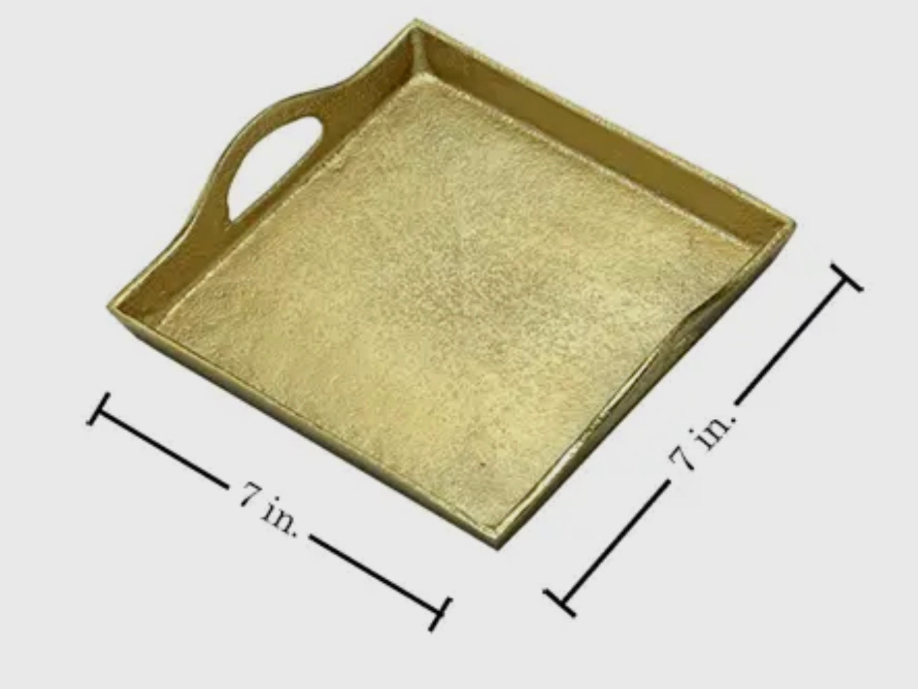Textured gold square tray with raised edges, single side handle, 7" x 7" size.