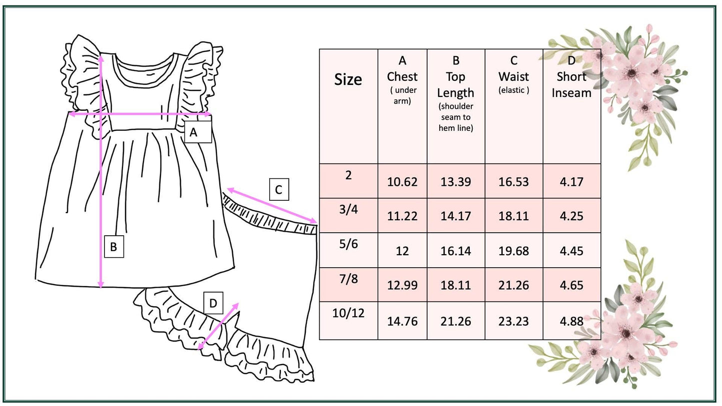 Girls Pastel Floral Ruffle Short Set with measurement lines, size chart for sizes 3/4–10/12 showing chest, top, waist, inseam.