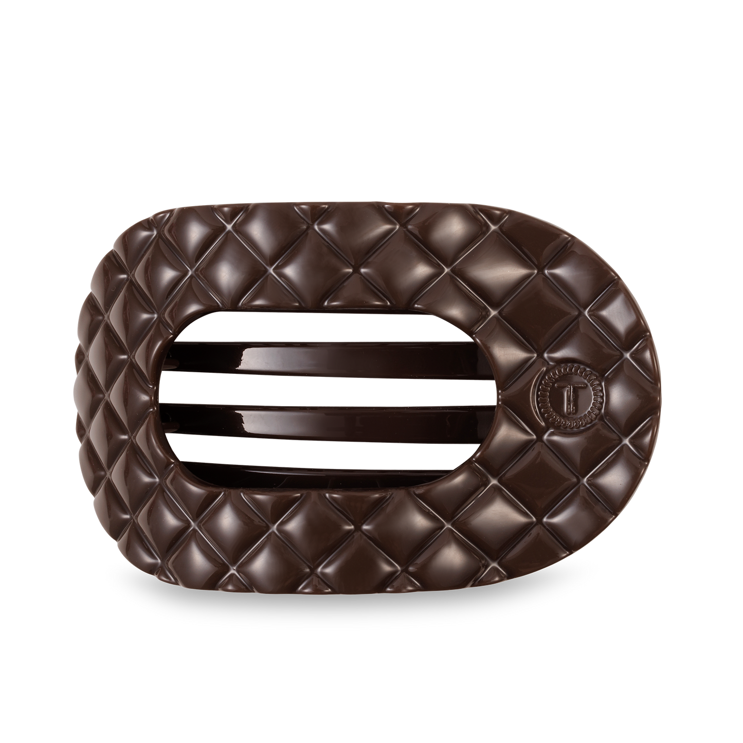 Dark chocolate bar shaped like TELETIES Flat Round Hair Clip; quilted purse design, two center openings, circular emblem. Sizes: S, M, L.