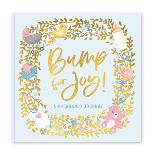 Light blue "Bump for Joy" pregnancy journal, gold script, leaf wreath, baby icons; available in standard journal size.