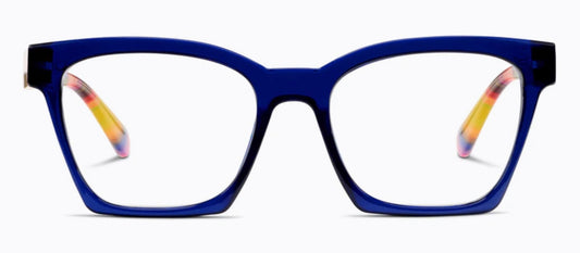 Peepers Maisie eyeglass frames: bold blue square fronts, clear lenses, yellow-orange tips. Available in multiple sizes.