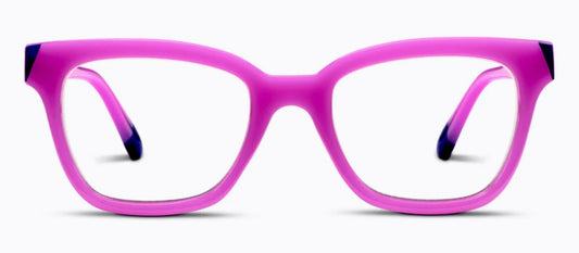 Rectangular bright pink frames with dark blue temple tips. Available sizes: S, M, L.
