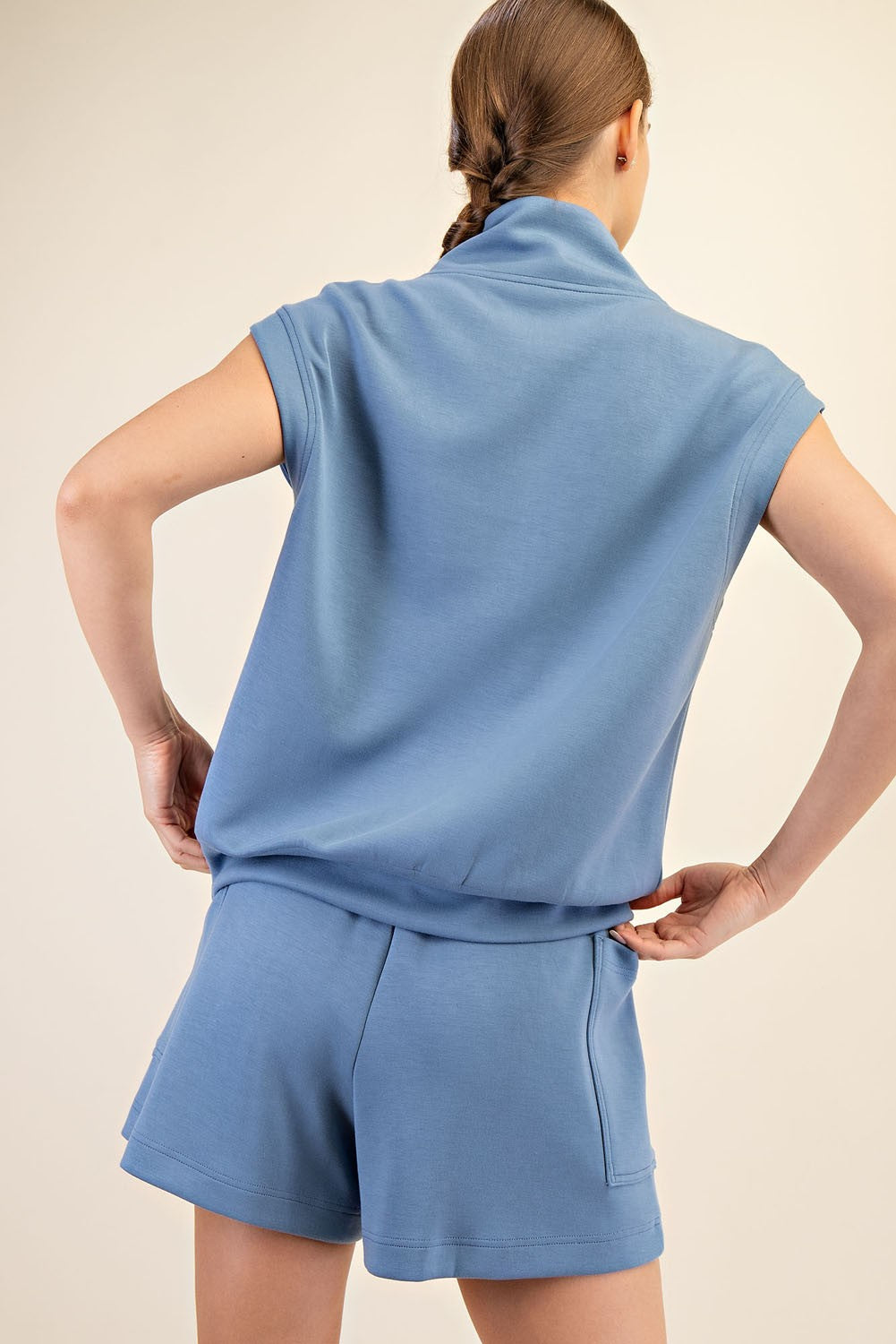 Paradise Blue Luxe V-Neck Sleeveless Top with matching silky smooth shorts. Sizes available: XS, S, M, L, XL.