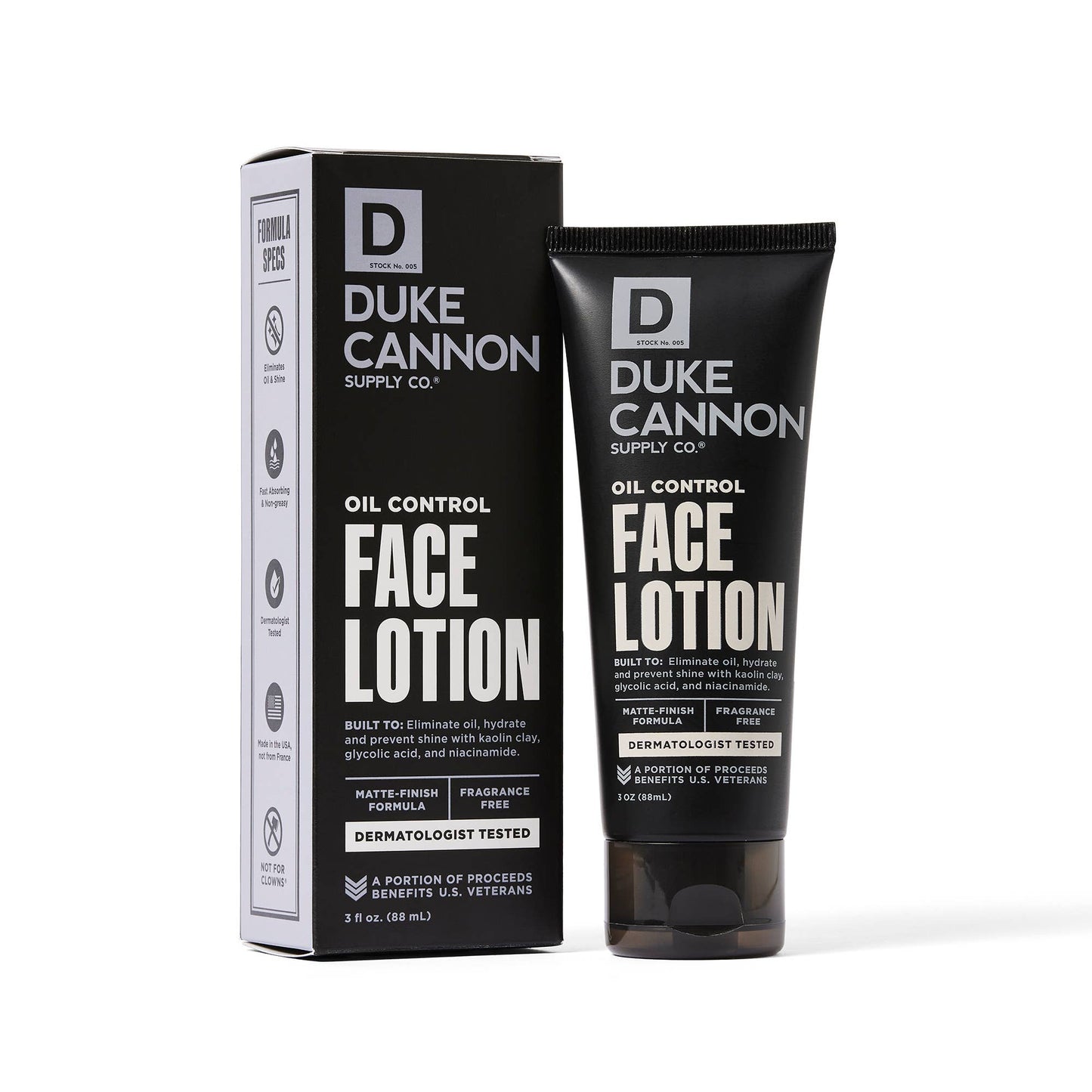 Black tube and box of Oil Control Face Lotion with bold white/yellow text; oil control, matte, fragrance-free. Size: 50ml.