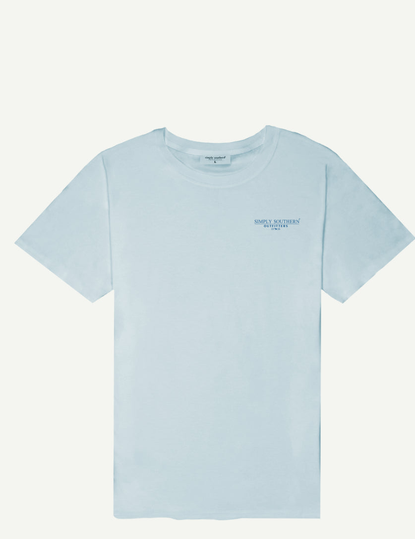 A light blue short sleeve Dog USA Tshirt with a small, centered, black text logo on the chest that reads "simple instructions" displayed on a plain white background.
